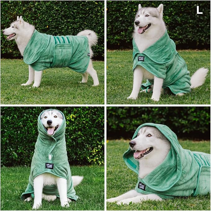 Tuff Pupper Fast Drying Dog Bath Robe | 800 GSM Plush Dog Towel Bathrobe/Dressing Gown | Super Absorbent Pet/Puppy Bathrobe | Adjustable Hood & Belly Strap | Super Soft | Fast Drying (L, Green)