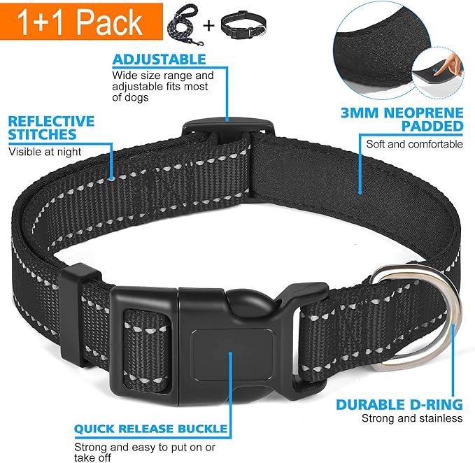 Reflective Dog Collar Padded with Soft Neoprene Breathable Adjustable Nylon Dog Collars for Small Medium Large Dogs (Medium (Pack of 1), Black Collar+Leash)