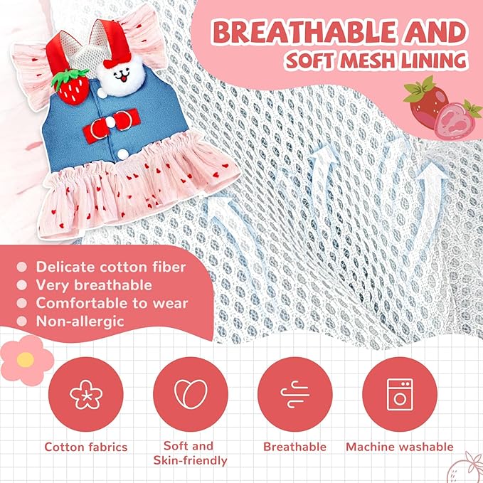 Small Dog Harness and Leash Set Denim Cat Harness Dress for Puppy Clothes for Girls Pink Dog Birthday Dress French Bulldog Harness with Strawberry Bear Decoration