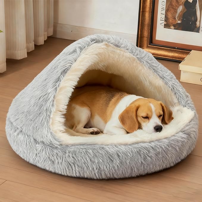 ShinHye Round Plush Fluffy Hooded Cat Bed Cave, Cozy for Indoor Cats or Small Dogs, Waterproof Bottom, Washable（40 in）