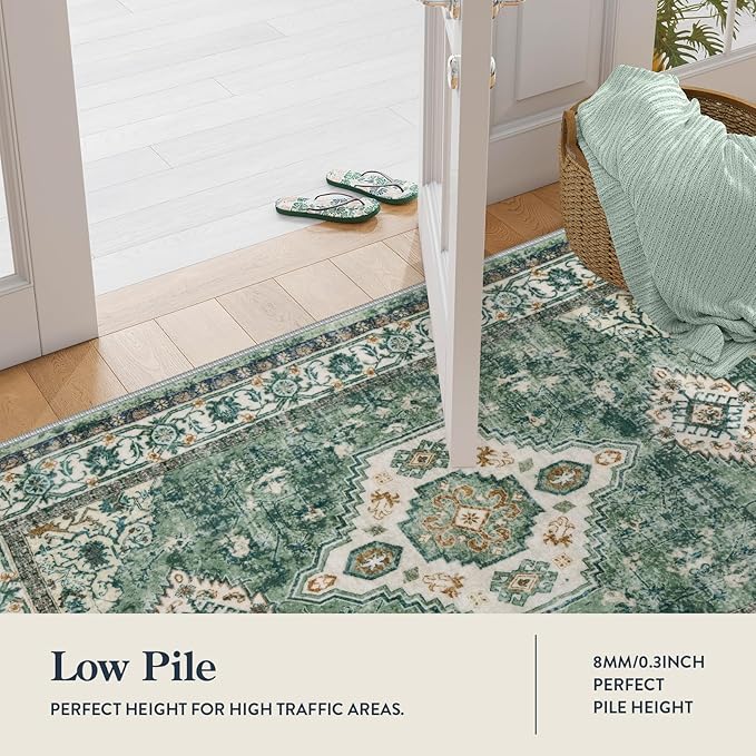 Lahome Oriental Hallway Runner Rug, 2.5x8 Kitchen Runner Non Slip Ultra-Thin, Soft Washable Hallway Rug Non Shedding Long Carpet for Entryway ?랰aundry Room Bathroom, Green/Multi