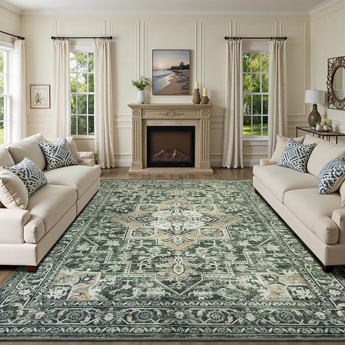 Lessymo 5x7 Washable Area Rugs for Living Room, Soft Green Boho Rug for Bedroom Kitchen Dining Room, Vintage Carpet Non Slip Low Pile Rug Stain Resistant for Nursery Home Office Indoor, Green/Yellow
