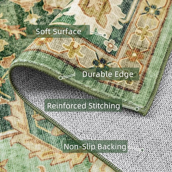 Green Runner Rugs for Hallway 2x6 Ft Non-Slip Fall Runner Rugs with Rubber Backing Washable Rug Runner for Kitchen Bedroom Vintage Distressed Carpet (Border Green)