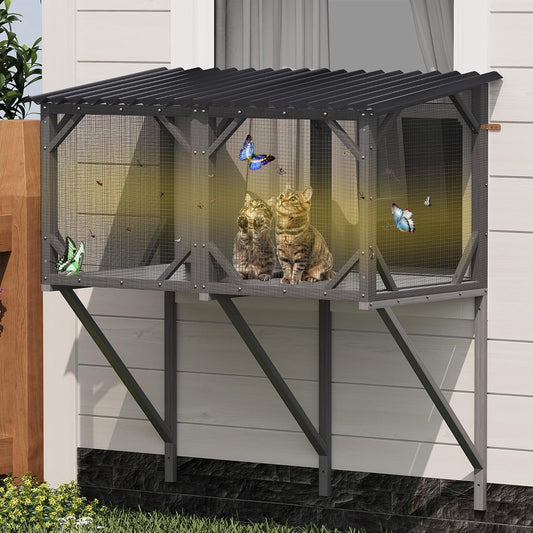 Cat Window Box, 43.3" Catio o Outdoor Cat Enclosure for Sunbathing, Napping & Bird Watching, Wood Cat Window Perch with Mosquito Net Window Catio for Indoor Cats(Gray+Removable Mesh 43.3")