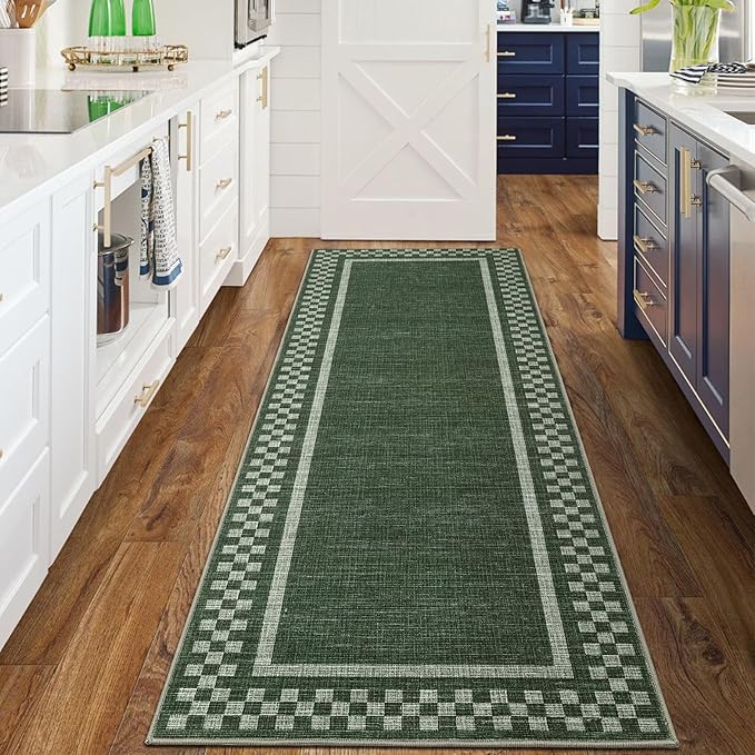 GarveeHome Kitchen Runner Rug Washable Runner Rug 2x6 for Hallway Non Slip Soft Throw Runner Carpet Modern Bordered Bathroom Mat Low Pile Checkered Runner Rugs for Bedroom Living Room Entry, Green