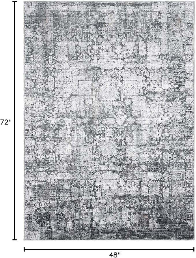 Area Rug 4횞6, Vintage Boho Rug,Ultra-Soft Low Pile, Washable, Non Slip,Stain Resistant Printed Carpet for Living Room Bedrooms Playroom Office Kitchen, Dark Stone