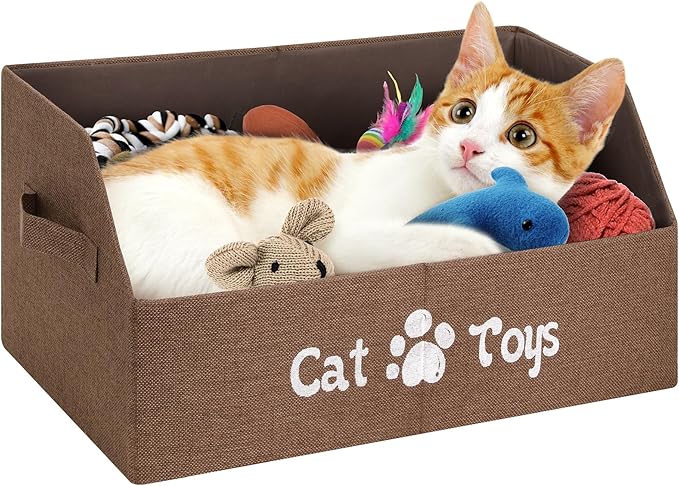 2X Thicker Large Cat Toy Bin - Collapsible Box, Sturdy Basket, Kitten Storage Bed for Organizing Toys, Treats, Clothes and Accessories (Brown)