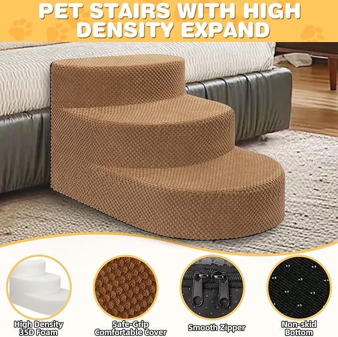 Dog Stairs for Small Dogs, Foam Steps for Small Dogs & Cats, 3 Steps Dog Ramp for High Beds, Couch, Window, Sofa, Pet Stairs with Removable Washable Cover, Non-Slip Sturdy Pet Steps, Khaki