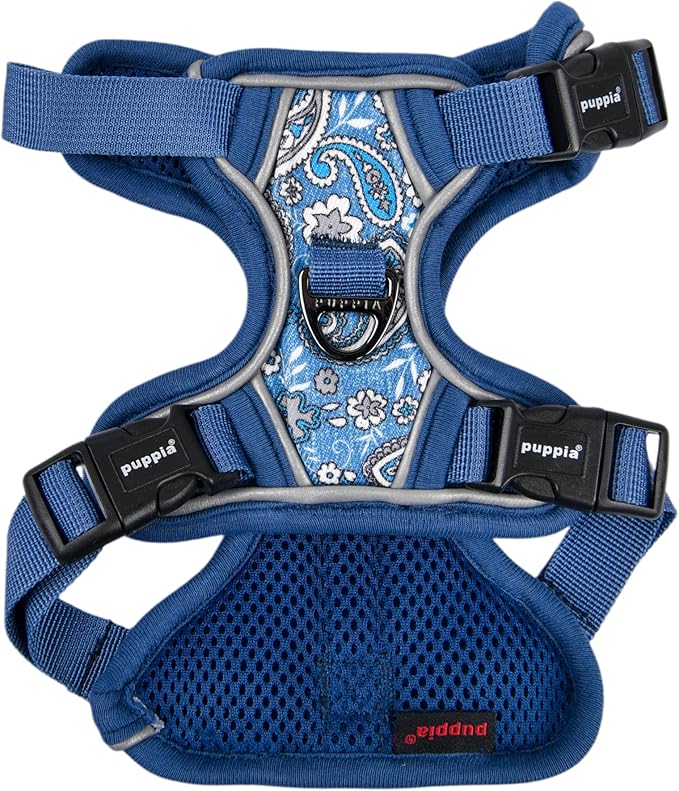 Puppia Cynthia Dog Harness H Sturdy Adjustable Neck and Chest Reflective Flower Pattern Front and Back D-Ring for Small and Medium Dogs, Blue, Small