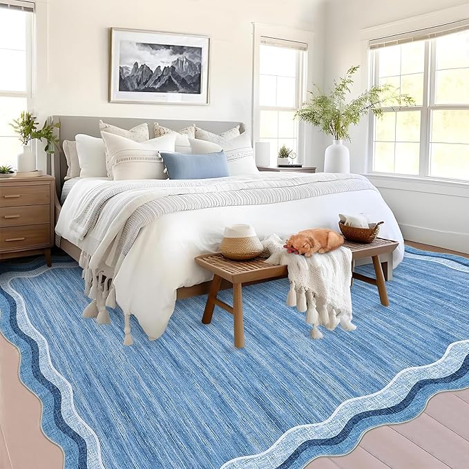 GarveeHome Scalloped Washable Rug 9x12 Area Rugs for Living Room Modern Solid Carpet for Bedroom Abstract Irregular Scalloped Non-Slip Low-Pile Accent Carpet for Farmhouse Dining Room (Blue, 9x12)