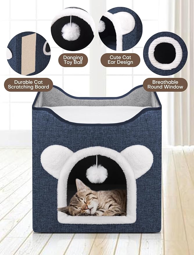 Cat Houses for Indoor Cats, Large Cat Cave with Fluffy Ball and Scratch Pad, Covered Cat Bed House, Foldable Cat Hideaway