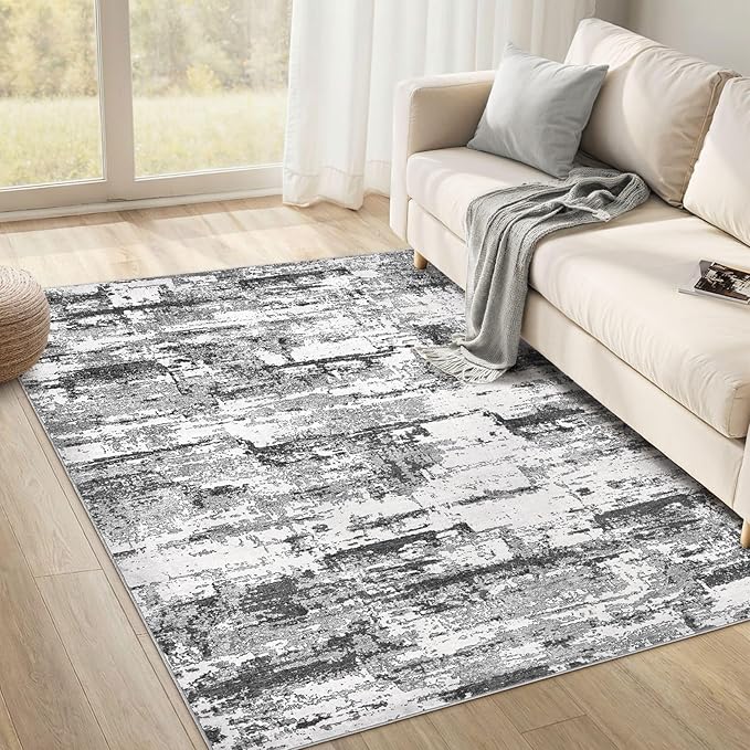 Area Rugs for Living Room: 4x6 Abstract Washable Rug Modern Neutral Large Soft Stain Resistant Non-Slip Backing Machine Table for Bedroom Dining Room Indoor Home Office Carpet - Black Grey