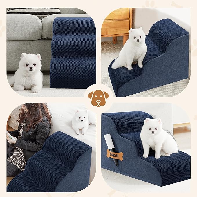 Romrol Dog Stairs Ramp for Beds Couches, Extra Wide Pet Steps with Durable Non-Slip Waterproof Fabric Cover, Dog Slope Stairs for Small Dogs and Cats or Pets Friendly, 3-Tiers, 13 Inch,Navy