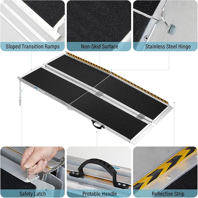 6FT Wheelchair Ramp, Anti-Slip Aluminum Folding Portable Handicap Threshold Entry Ramp for Home, Doorways Steps, Scooter, Stairs, 600LBs Capacity