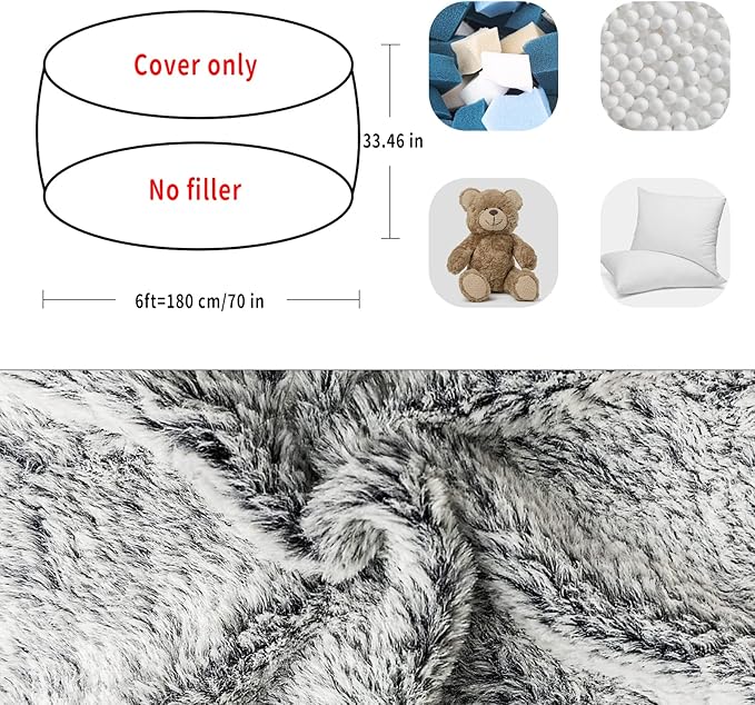 (No Filler Bean Bag Chair Cover Without Filler,Big Round Soft Fluffy PV Velvet Washable Bean Bag Lazy Sofa Bed Cover for Adults,Living Room Bedroom Furniture Outside,6ft Snow Grey