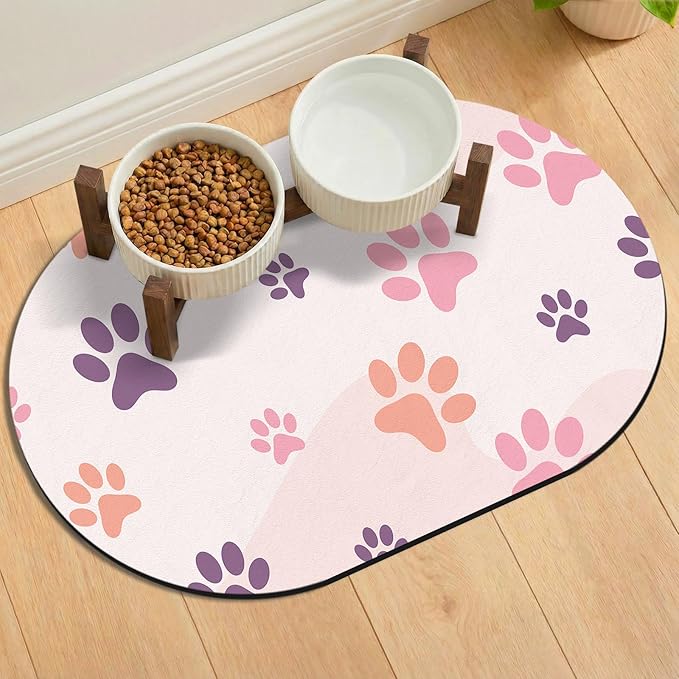 Cat Food Mat 24''x16'', Absorbent Cat Mats for Food and Water, Non-Slip Rubber Mat for Cats Bowls, Easy Store Pet Food Placemat, Mats for Under Cats Food Bowls, Fit with Kitchen, Living Room, Pink Paw