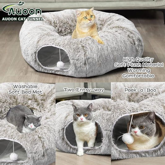 AUOON Cat Tunnel Bed for Indoor Cats - Large Cat Donut Tunnel with Hanging Ball Toy, Collapsible 2-in-1 Multifunctional Interactive Cat Toy for Kitten, Puppy, Rabbit, Ferret (Khaki)