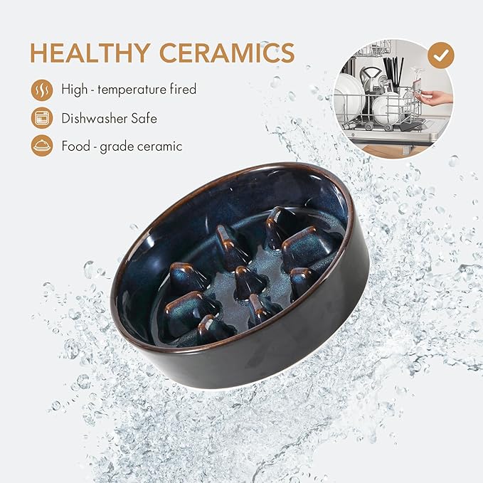 Ceramic 1.2 Cup Dog Raised Slow Feeder Set, Elevated Bowl with Wooden Stand for Medium and Small Dog, 7.3inch Slow Feeder Dish for Fast Easters (Starry Sky, Single Bowl+ Stand)