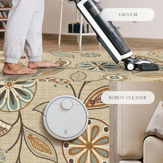 Maples Rugs Reggie Floral Area Rug - Made in USA - Low Pile, Non Slip, Pet-Friendly Mat for Living Room, Bedroom, and Office, 5' x 7', Beige