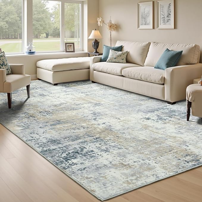 8x10 Washable Area Rug, Abstract Large Living Room Rug Non-Slip, Indoor Modern Low-Pile Accent Carpet for Bedroom Nursery Dining Room, Blue/Beige