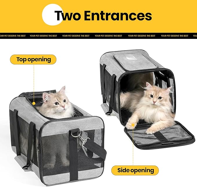 Cat Carrier Airline Approved, Soft-Sided Dog Carrier with Inner Safety Leash, Pet Transport Carrier for Small-Medium Cats Puppies up to 15 Lbs, Collapsible Travel Kitten Carrier Bag -Gray M