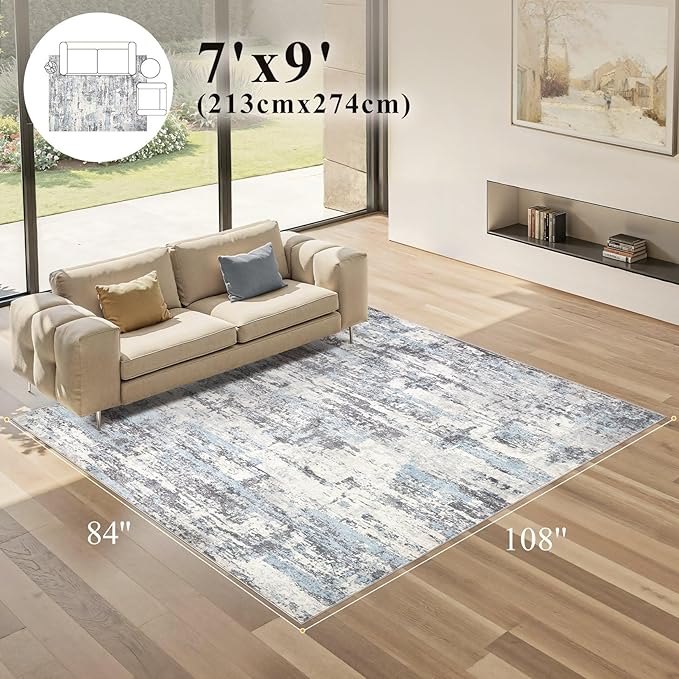 Area Rugs for Living Room: Abstract Washable Rug Large Soft Stain Resistant Non-Slip Backing for Bedroom Dining Room Indoor Home Office Carpet for Kids Pet Friendly Families - 7x9 Blue Grey