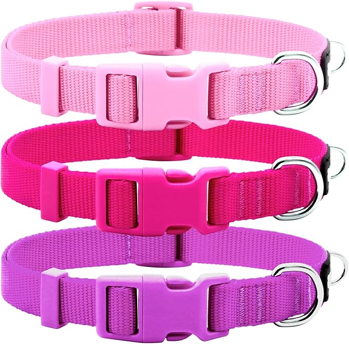 azuza 3 Pack Dog Collars Comfortable and Adjustable Nylon Dog Collars for Medium Dogs, M (14-20inch)，Pink, Hot Pink and Purple