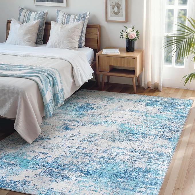 Area Rug Living Room Washable Rugs: 6x9 Modern Neutral Abstract Low Pile Non Slip Floor Carpet - Large Soft Thin Stain Resistant Rug for Bedroom Dining Indoor Office Home, Blue