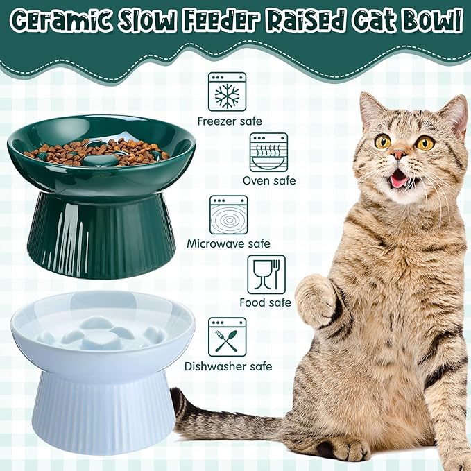Tioncy 2 Pcs Raised Cat Slow Feeder Bowl Ceramic Elevated Cat Dog Food Bowl No Spill High Edge for Dry Wet Food and Water Easy to Clean, Dishwasher Safe (Dark Green,Blue)
