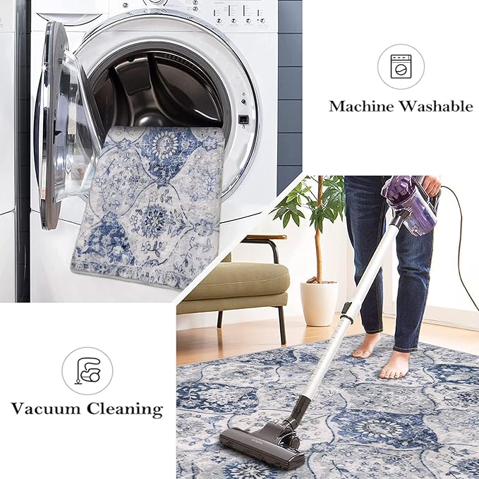 Lahome Moroccan Trellis Washable Rug, 2x3 Kitchen Rugs for Entryway Bathroom, Non-Slip Indoor Door Mat Ultra-Thin, Small Oriental Throw Carpet for Bedroom Entry, White/Royal Blue