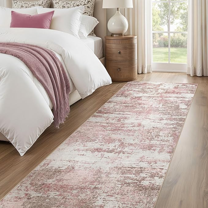 Area Rugs for Living Room: 3x8 Abstract Washable Rug Modern Neutral Large Soft Stain Resistant Non-Slip Backing Machine Table for Bedroom Dining Room Indoor Home Office Carpet - Pink