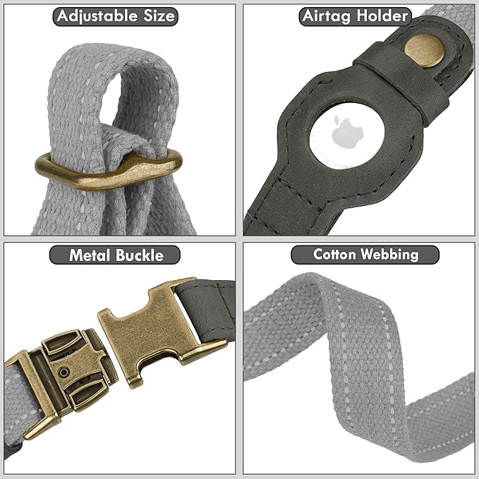 Reflective Leather Dog Collar with AirTag Holder - Soft Apple Airtag Dog Collar with Metal Buckle - Safety Cotton Pet Collars for Dogs Small Large Dogs Puppy (Grey, L, 17"-21")