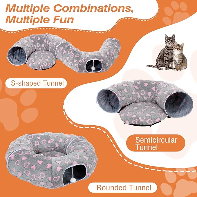 Cat Tunnels for Indoor Cats, 35'' Plush Cat Tunnel Bed with Playful Ball and Circle Cushion, Multifunctional Peekaboo Cat Cave, Interactive Toy Gift for Cats, Kittens, Rabbits, Gray&Heart
