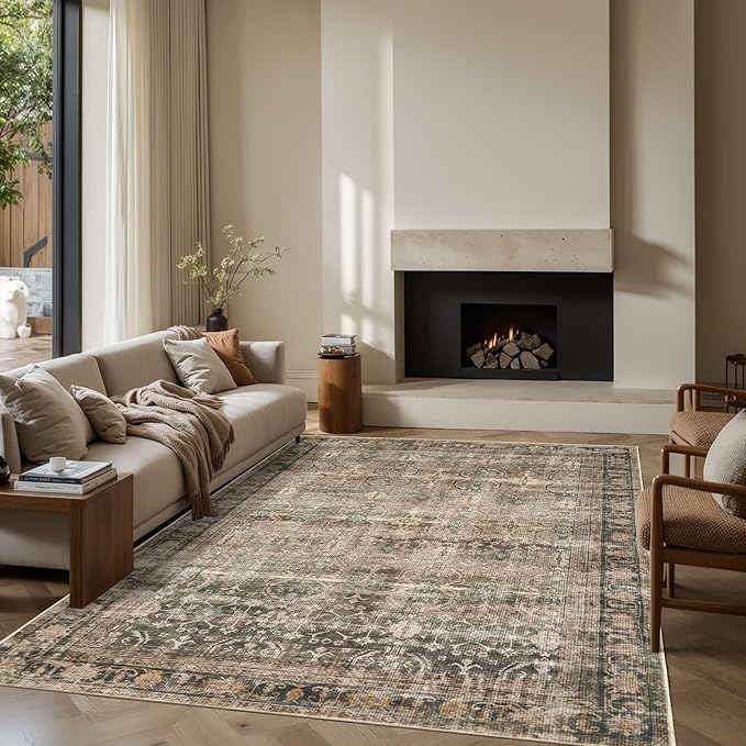 6x9 Area Rugs for Living Room Bedroom, Large Washable Rug, Brown Vintage Retro Boho Rug, Non Slip & Low Pile Faux Wool Thin Carpet for Indoor Dining Room and Kids Room(Charcoal/Olive 6x9ft)