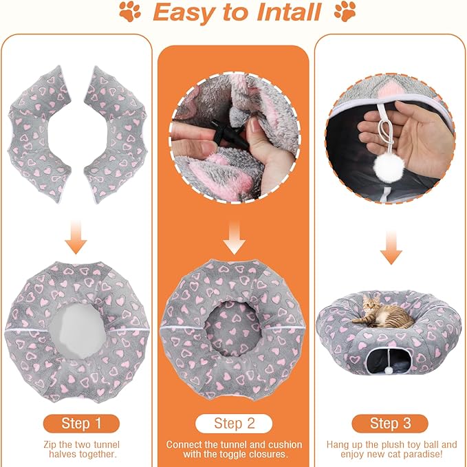 Cat Tunnels for Indoor Cats, 35'' Plush Cat Tunnel Bed with Playful Ball and Circle Cushion, Multifunctional Peekaboo Cat Cave, Interactive Toy Gift for Cats, Kittens, Rabbits, Gray&Heart