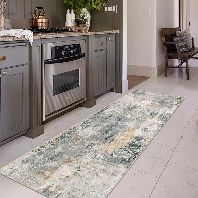Lahome Modern Abstract Runner Rug - 2x7 Gray Soft Long Hallway Rug Runner Kitchen Mat, Non-Slip Machine Washable Indoor Throw Carpet Runner for Living Room Bathroom Sink Bedroom Entryway Sunroom