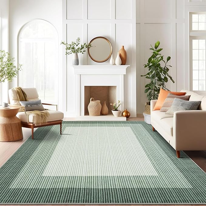 GarveeHome Area Rugs 9x12 Living Room Rug, Modern Bordered Machine Washable Rug Large Soft Geometric Carpet for Bedroom Non Slip Stain Resistant Neutral Solid Carpet for Dining Room Farmhouse, Green