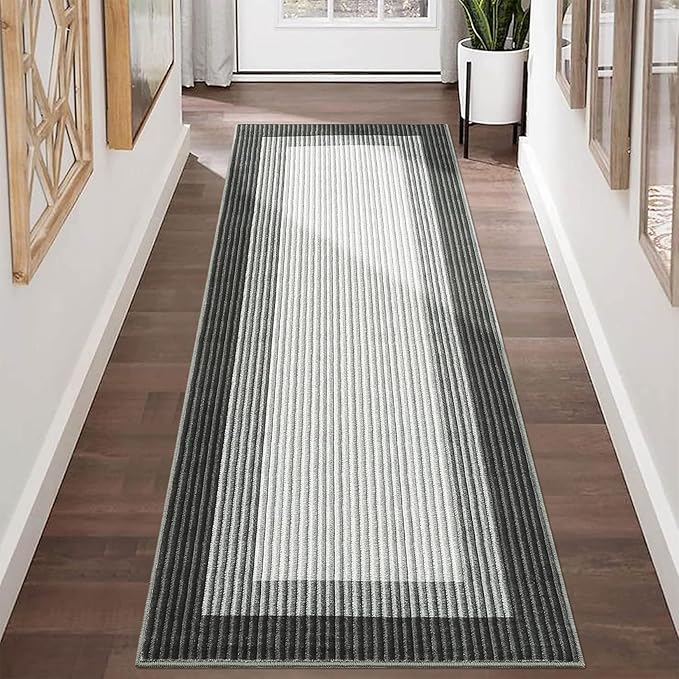 GarveeHome Entryway Bathroom Rug 2x6 Runner Modern Bordered Washable Rug, 2x6 Runner Kitchen Rug for Hallway Non-Slip Low-Pile Soft Runner Carpet for Bedroom Laundry Room, Grey