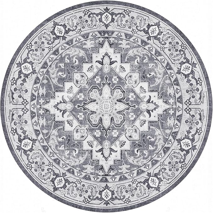 Lessymo 4FT Washable Round Area Rugs for Living Room, Non Slip Circle Rugs Low Pile Vintage Carpet for Bedroom, Dining Room, Nursery, Home Office, Grey Beige
