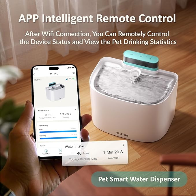 PET LAYSON Pumpless Cat Water Fountain,App Remote Control Smart Cordless Battery Operated 3.6L/122oz Wireless 2.4GHz Wi-Fi Networks Rechargeable Water Dispenser (White, M1Pro-2 Filter)
