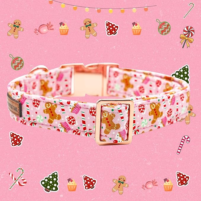 Elegant little tail Dog Collar, Christmas Pink Gingerbread Man Print Pet Collar Cute Dog Collars Male or Female Pet Gift Adjustable Dog Collar for X-Large Dogs