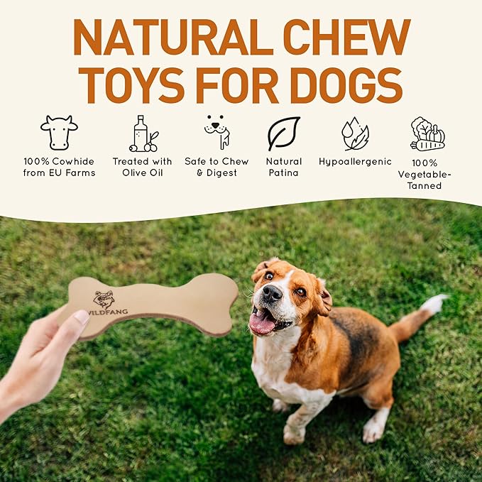 Wildfang® Leather Dog Toy, Medium – Soft Dog Chew Toys for Gentle Chewers, Puppies, Senior or Older Dogs with Sensitive Teeth – Non-Toxic, Stuffless, 5mm Leather Dog Bone for Dogs 22–33 lbs, Pack of 1