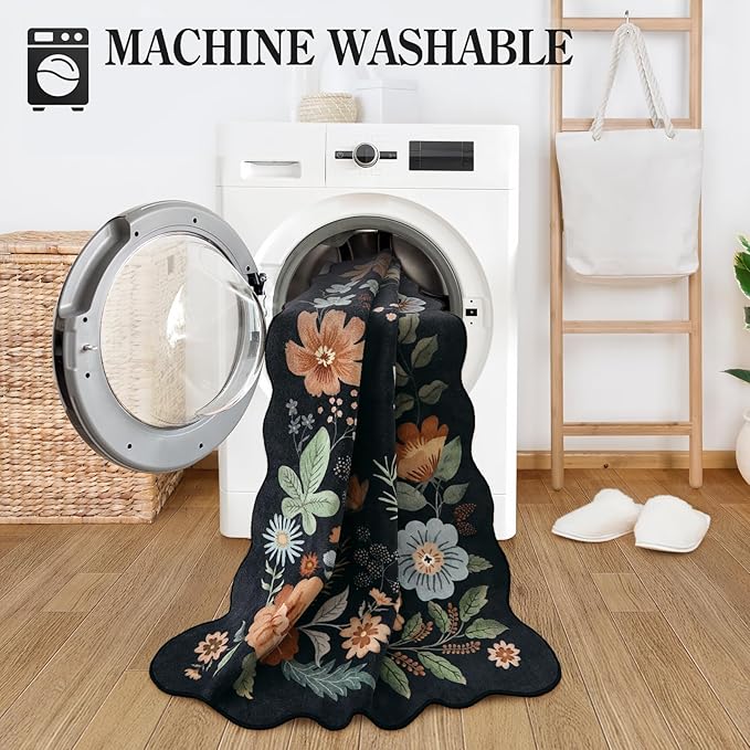 Lahome Floral 9x12 Area Rugs for Living Room Bedroom, Soft Washable Rugs 9x12 Stain Resistant, Ultra-Thin Non-Slip Boho Dining Room Rug Non-Shedding Accent Carpet for Office(9x12ft,Black/Grey)