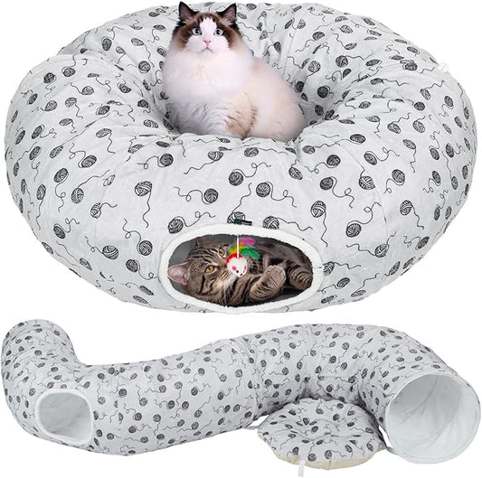 Ownpets Large Cat Tunnel, Soft Plush Cat Donut Tunnel Bed with Washable Cushion, Peekaboo Cat Tube for Indoor Kitten, Puppy, Rabbit, Gray