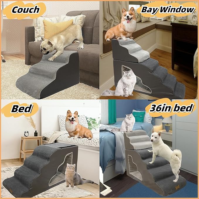 7-Step Dog Stairs for 36 Inch High Beds Small Dogs, Pet Ramp Stairs 20-42 Inch Couch Bed, Non-Slip Balanced Stairs 75lbs for Small Old Large Dogs Cats to Get on Bed