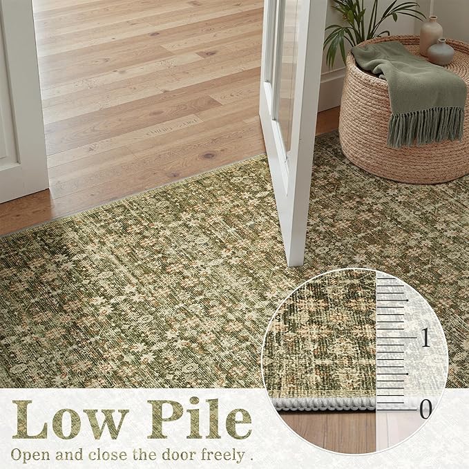 DCX 5x7 Neutral Rug, Kid & Pet Friendly with Rubber Back Non Slip, Machine Washable Stain Resistant Olive Green Floral Rug for Living Room, Bedroom, Soft Low Pile Large Nursery Carpet