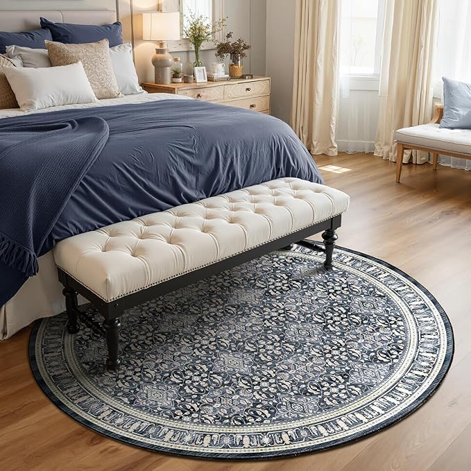 Dark Blue Round Rugs 6ft for Living Room, Washable Round Carpet with Rubber Backing for Kitchen Dining Room, Low Pile Thin Circle Rug for Bedroom Nursery, Transitional Moroccan Floral Trellis