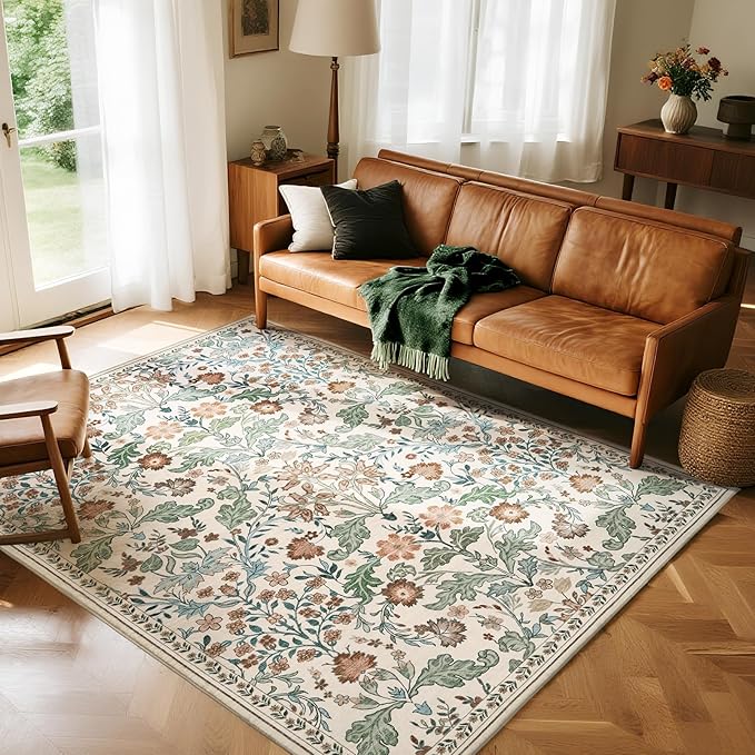Floral Area Rug for Living Room: 4x6 Washable Soft Low Pile Thin Indoor Carpet, Non Slip Stain Resistant Vintage Flower Boho Accent Rugs for Bedroom, Dining, Home Office, Nursery - Beige