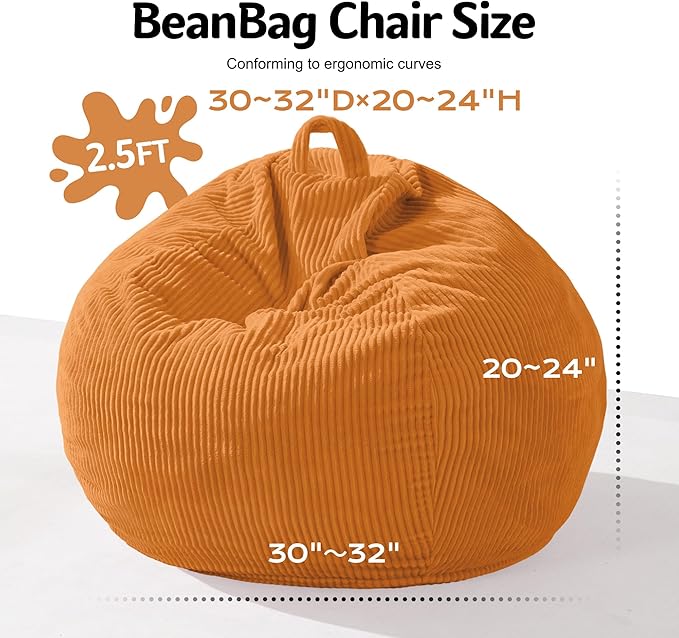 Homguava 2.5FT Bean Bag Chair,Teardrop Bean Bags Small Beanbag Chair with Memory Foam Filled and Ultra Soft Corduroy Cover for Living Room, Bedroom(Orange)