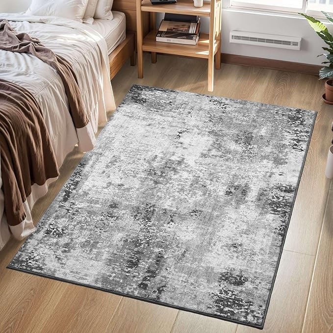 Entryway Rug 3x5 Grey Bedroom Area Rug Washable Non Slip Abstract Boho Rugs for Indoor Entry, Kitchen, Classroom, Bathroom, Kids Girls Room, Office, College Dorm Small Carpet